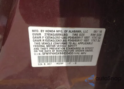 2011 Honda Pilot Ex-L from USA, damaged, VIN 5FNYF4H5XBB033455